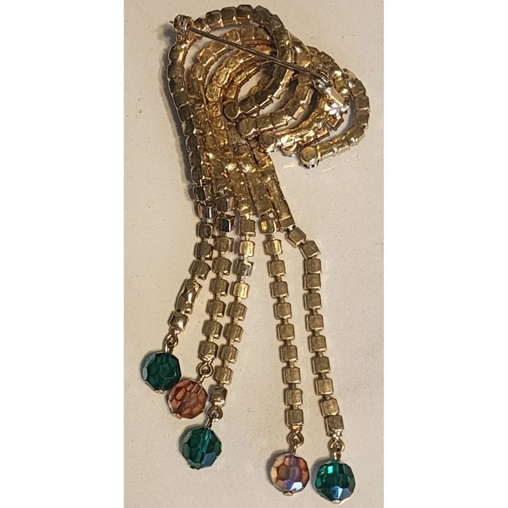 Vintage Multi Color Rhinestone Waterfall Fringe Brooch Gold Tone Crystal Dangle